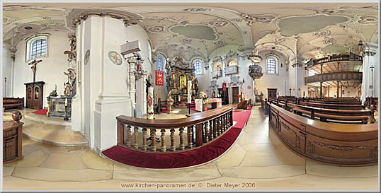 Panorama Kath. Wallfahrtskirche Hohenrechberg Innenraum, Links vor Kommunionbank; equirectangulare Darstellung